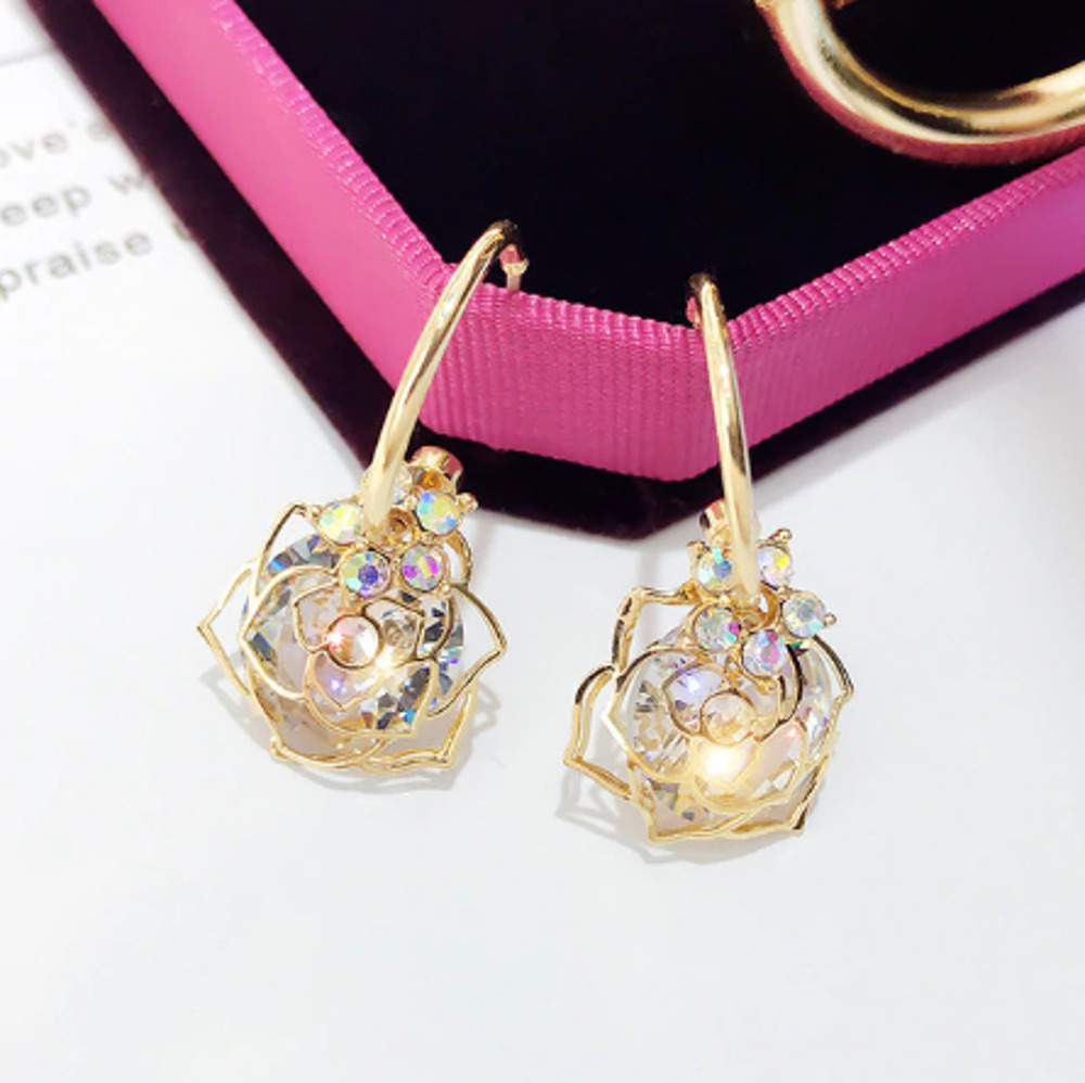 Icy Diamond Rose Flower Crystal Dainty Dangle Earrings